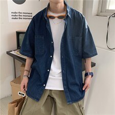 牛仔短袖衬衫男ins痞帅夏季薄款日系潮流宽松外套中性衬衣S05-P40图片