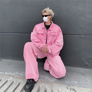牛仔套装男日系复古水洗高街潮牌痞帅嘻哈hiphop牛仔衣夹克两件套图片