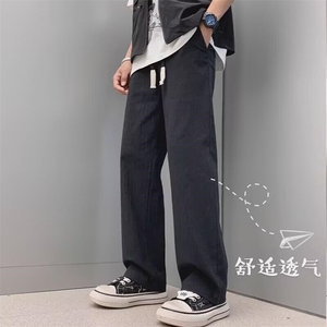 棉麻裤子男夏季薄款宽松潮牌运动休闲裤新款男裤卡其色亚麻阔腿裤图片