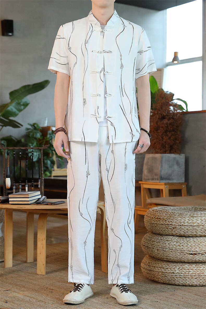 男士夏季风汉服棉麻透气舒适复古开衫唐装两件套HO6930-P65,男装民族服装,星座1105-3