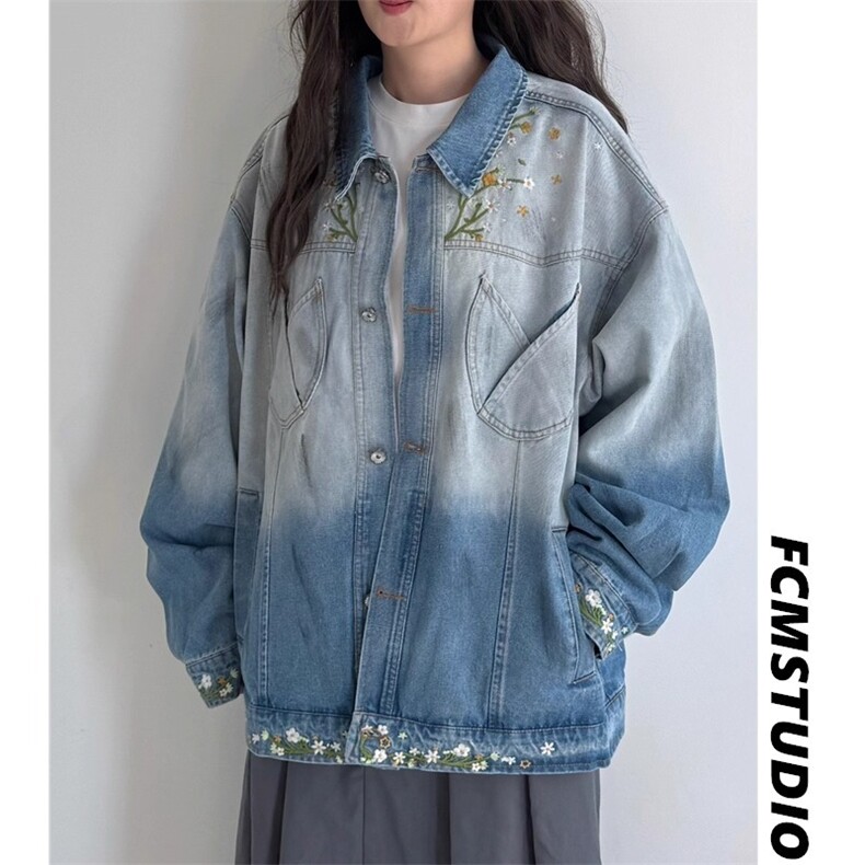 JK8973-P73 美式复古秋季新款花卉潮牌设计感渐变刺绣牛仔夹克图片