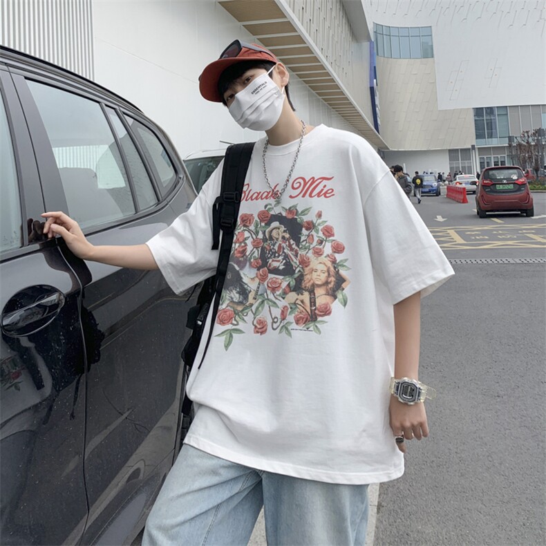 夏季复古做旧玫瑰花短袖男夏季潮牌情侣宽松五分袖 T1074-P32图片