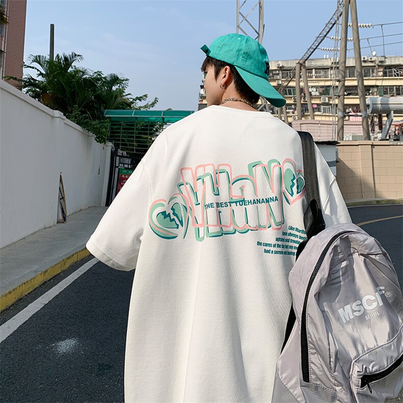 抖音供货、200克现货全棉印花宽松版型短袖T恤D223A-T2267-P25,男装T恤,电商019-1