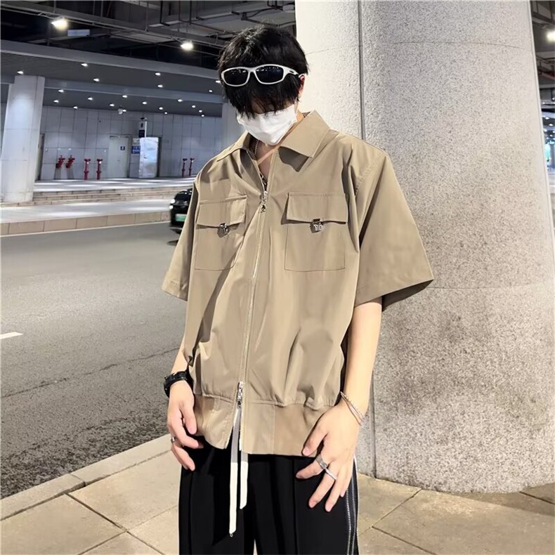 夏季小众短款垫肩短袖衬衫外套男潮牌金属宽松高级衬衣LS778P44,男装T恤,星座1013-5