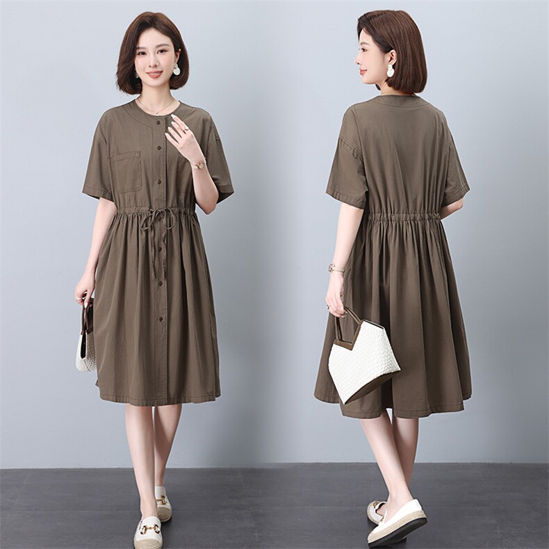纯棉连衣裙女2024新款夏季圆领宽松妈妈好看休闲连衣裙，女装连衣裙，玛其路