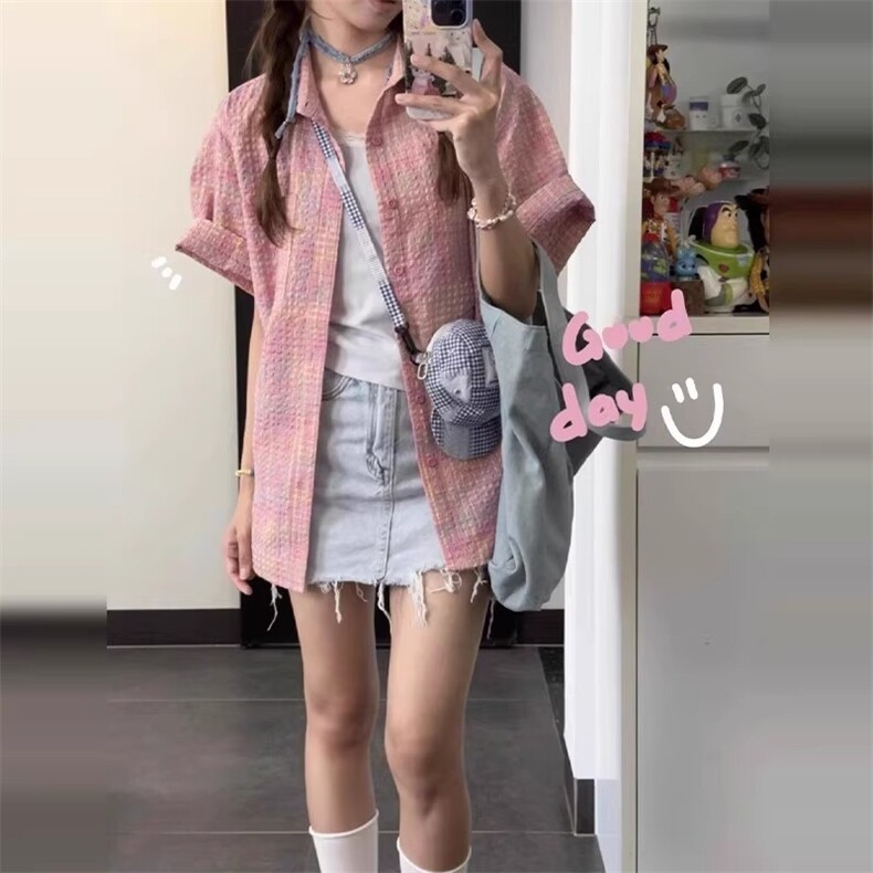 彩色格纹短袖衬衫女夏季宽松休闲设计感古巴领情侣泡泡纱格子衬衣,男装T恤,星座506A