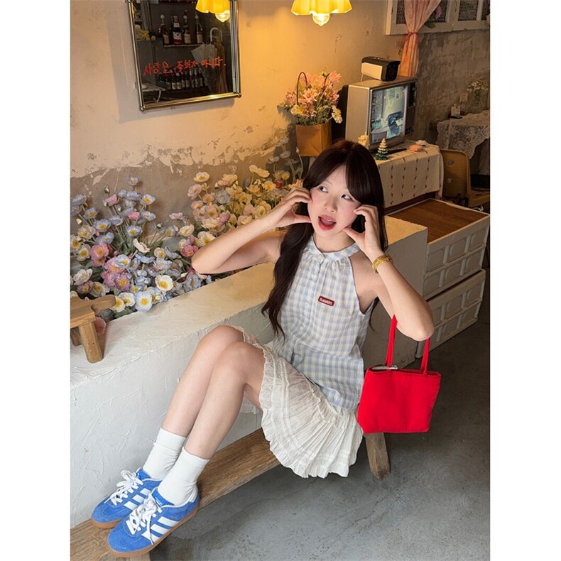 TC568-P45韩系甜美蓝色无袖格子衬衫女夏季新款挂脖上衣,女装衬衫,星座617A-2