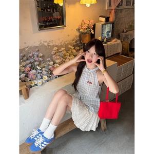 TC568-P45韩系甜美蓝色无袖格子衬衫女夏季新款挂脖上衣图片