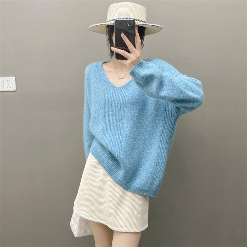 重磅康赛花纱V领羊绒衫女宽松慵懒针织套头毛衣软糯羊毛打底秋冬,女装羊绒衫,织绒羊