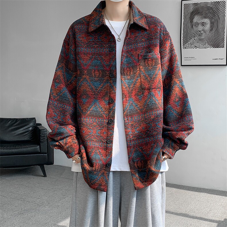 8XL-M复古大码民族风衬衫男款秋冬季加厚粗呢藏式外套CS29001P68,男装衬衫,电商B312