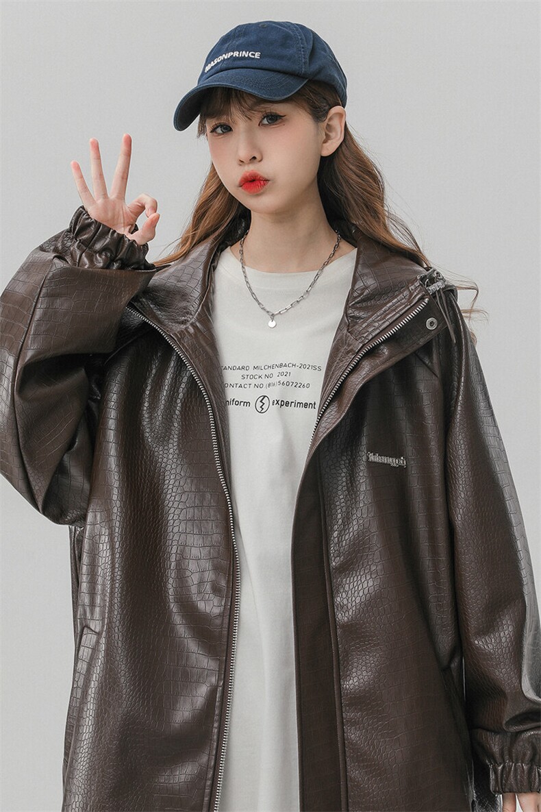 中性连帽鳄鱼纹PU皮衣大码情侣休闲冲锋衣夹克男JK8744P90控128,女装短外套,星座226-1