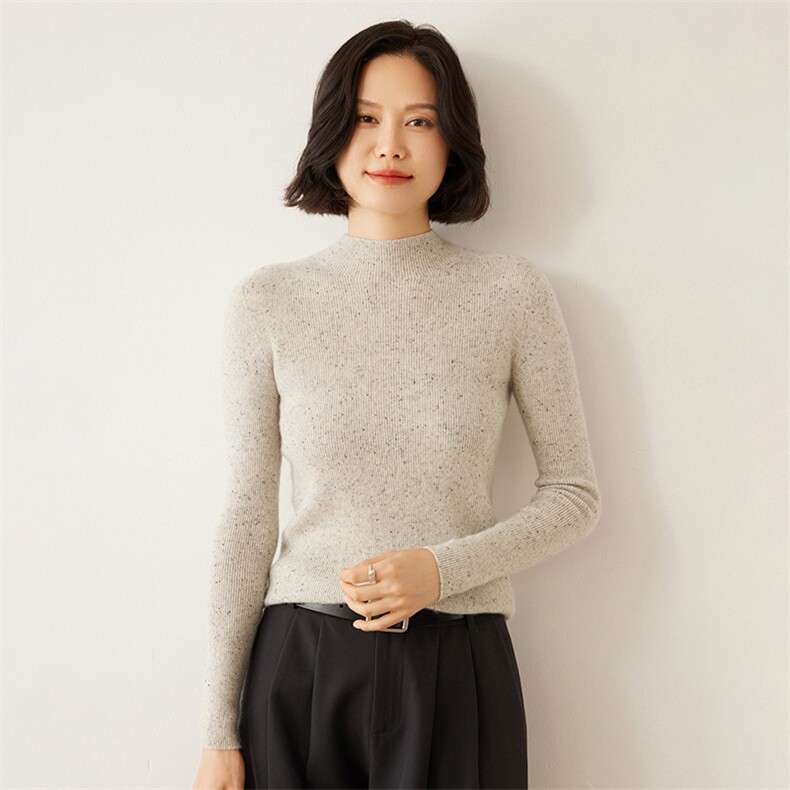 时尚优雅女士羊绒衫半高领彩点纱抽条设计显瘦百搭款，女装羊绒衫，迎冬羊绒