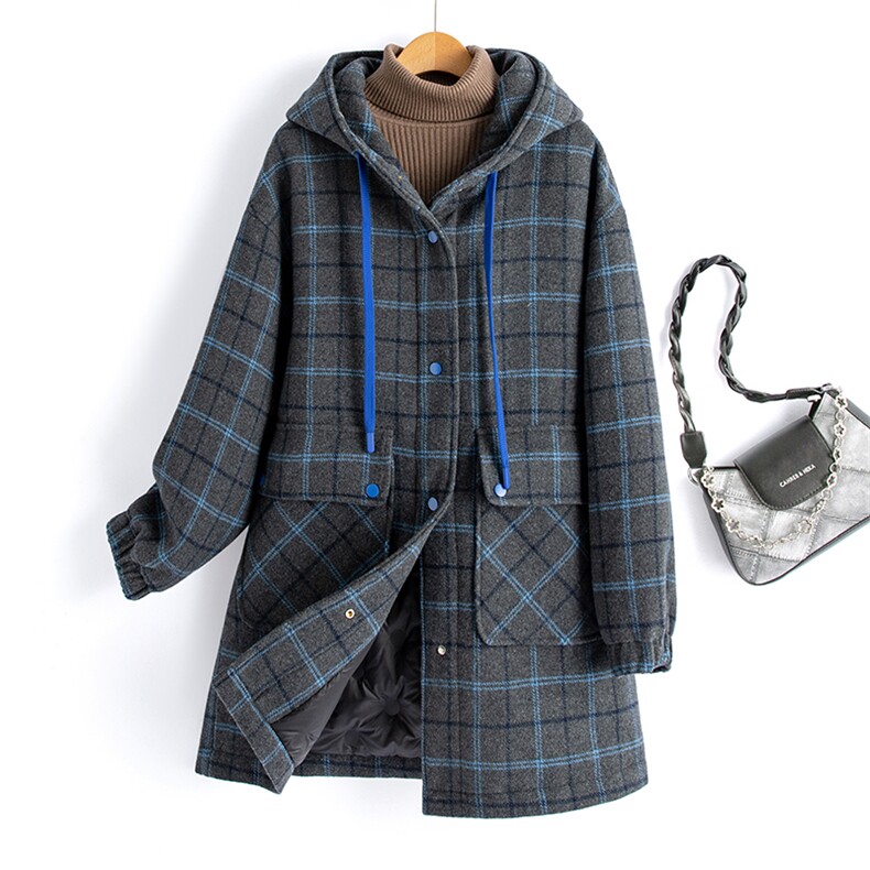 水衣源860款中长连帽格子毛呢加厚羽绒服（帽不可拆）（90绒）,女装羽绒服,水衣源