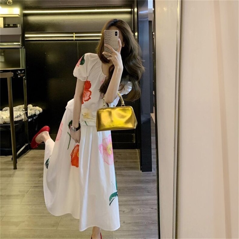 韩版2025夏日新款一整套穿搭印花宽松白色上衣松紧腰长款半身裙，女装半身裙，星座1210-1