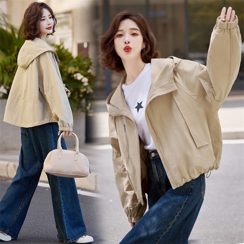 2024秋装新款连肩袖大码双拉链风衣女短款外套，女装风衣，梦芯尔