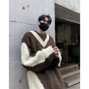 美式高街宽松针织衫2024秋冬新款高级感撞色拼接毛衣男 M1670-P62图片