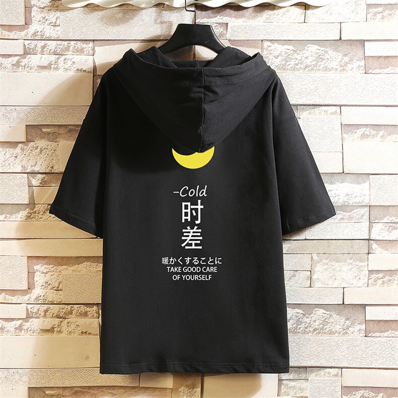 LD54047-P45 连帽短袖t恤男大码胖子带帽五分袖中袖 砖墙挂拍图片