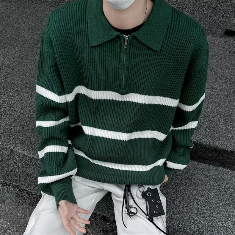 条纹翻领毛衣男美式高街半拉链设计套头针织衫秋设计感上衣M7168，男装针织衫/毛衣，星座506
