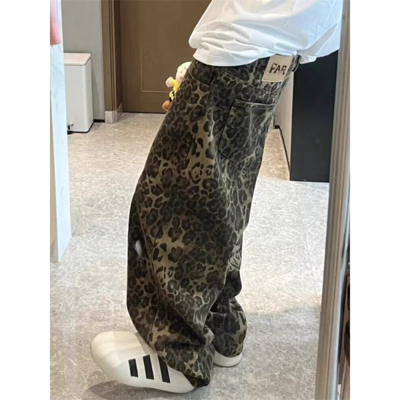 美式豹纹牛仔裤秋季复古重水洗阔腿工装情侣休闲裤子男LA1099-P46,男装牛仔裤,星座1008