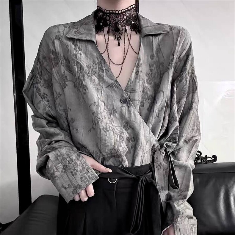 港风秋款男女V领衬衫扎染道袍设计感宽松长袖衬衣cs0243 P45图片