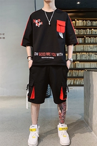 新款夏季潮流时尚T恤男装青少年宽松棉质圆领五分裤套装F161P70图片