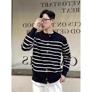 撞色条纹针织开衫新款时尚复古显瘦上衣小香风毛衣外套SWM219图片