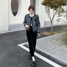 灰色撞色小香风外套半身裙两件套女秋冬2025新款设计高级感套装，女装套装/套裙，欧黛芙妮