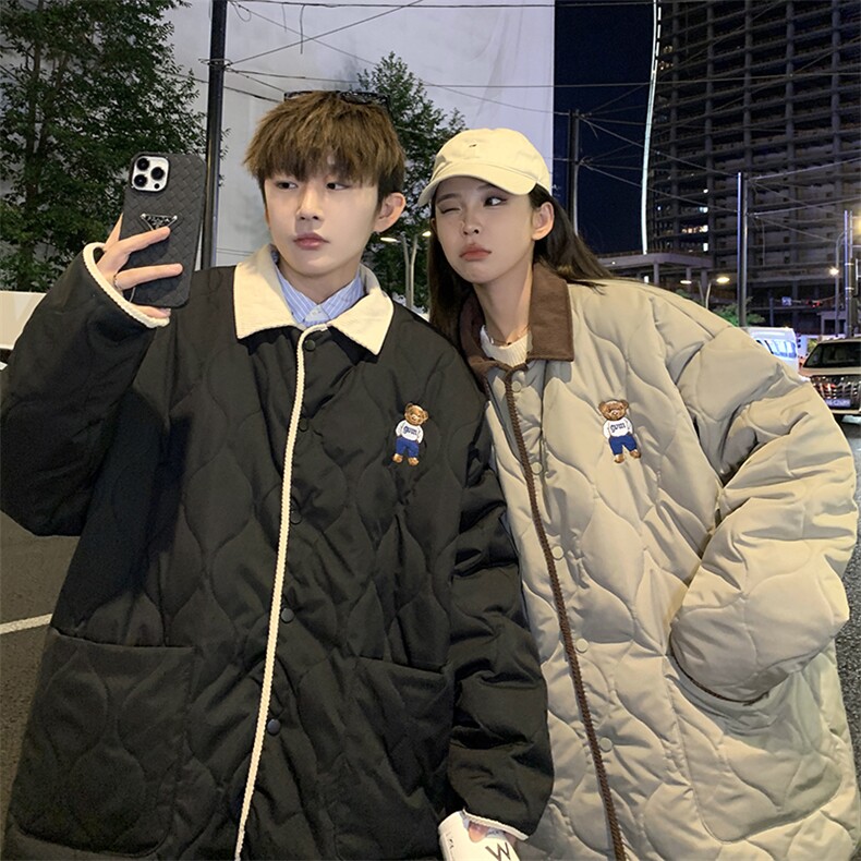 1港风情侣灯芯绒拼接连帽假两件小熊大码M-5XL棉衣8713P135控168，男装棉衣，星座226-2