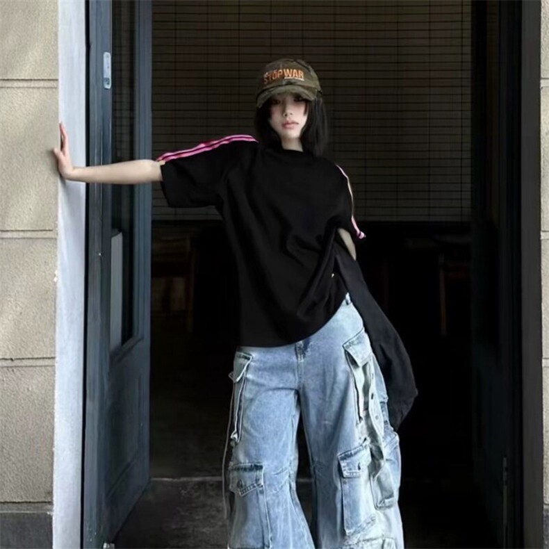 抖音得物品质二开240克宽松纯棉美式潮牌印花三条杠中性风短袖T恤,男装T恤,电商A486