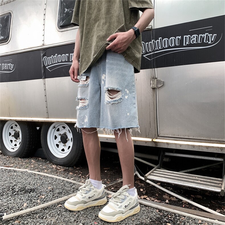 夏季破洞乞丐泼墨油画毛边五分过膝高街直筒牛仔裤男短裤沙滩裤，男装牛仔裤，星座301D-4(原星座1004-4）