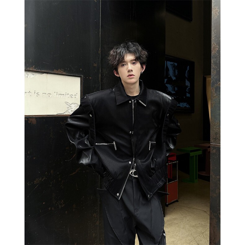 现货！24秋冬液态金属亮面短款飘带垫肩翻领夹克外套JK46-P128,男装夹克,电商B288