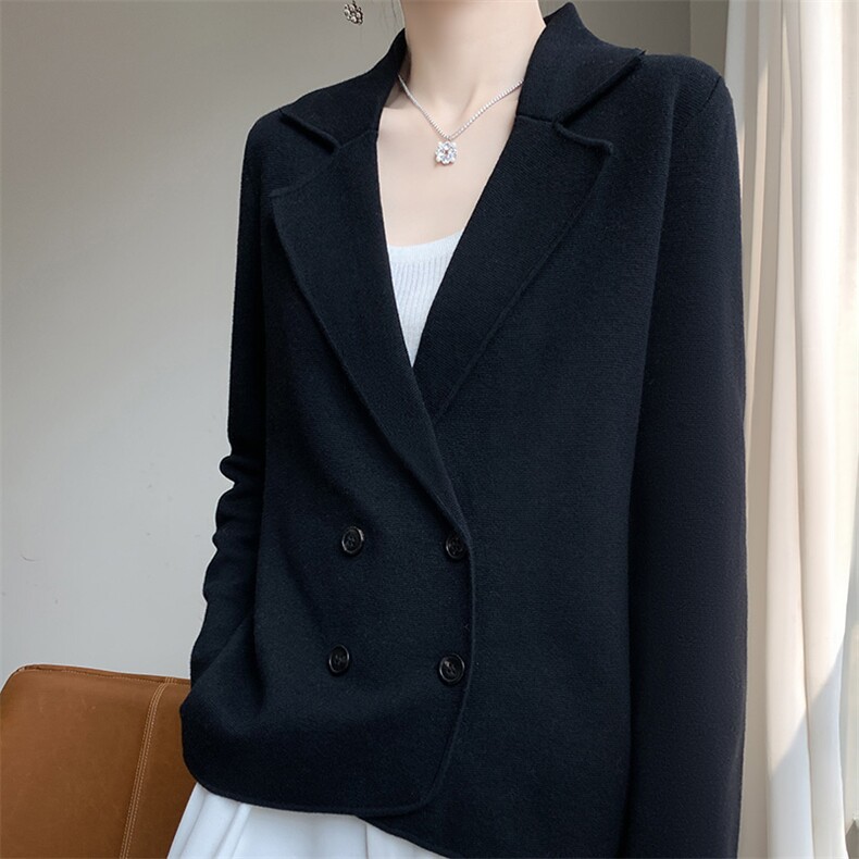秋冬新款西装领精纺羊毛开衫女V领纽扣针织长袖毛衣宽松外套上衣，女装毛呢外套，凯思米羊绒