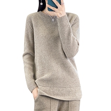 新款纯色坑条圆领羊毛衫女秋冬新款宽松显瘦短款，女装羊毛衫，佑昭祥羊绒
