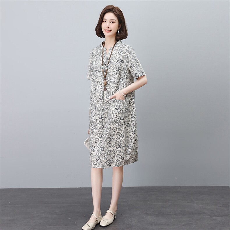 妈妈复古印花高端精致减龄连衣裙女士2026夏季宽松显瘦贵夫人裙子,女装连衣裙,依恋蒂丝