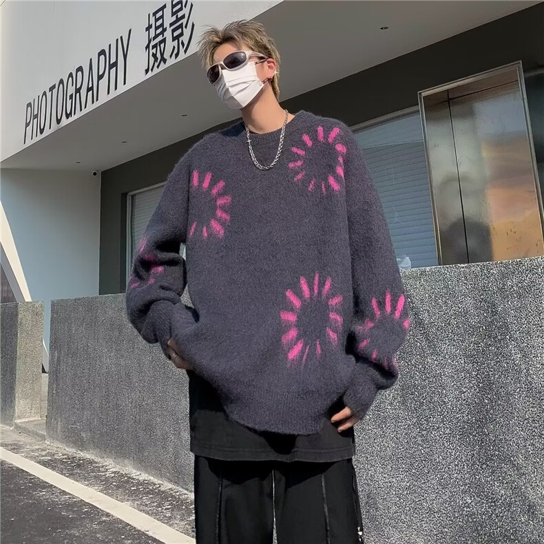 日系毛边破洞圆领毛衣男女简约宽松高街复古纯色做旧套头针织毛衫,男装针织衫/毛衣,星座506A