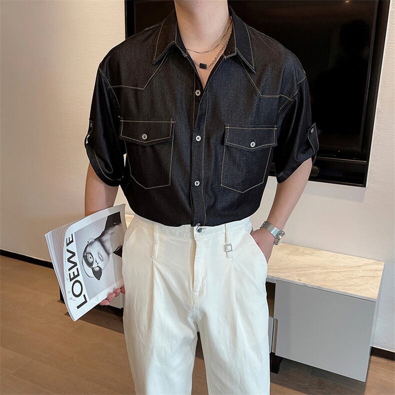 夏季新款垂感抗皱天丝牛仔短袖衬衫男宽松痞帅半袖衬衣CS871-P68,男装T恤,电商B267