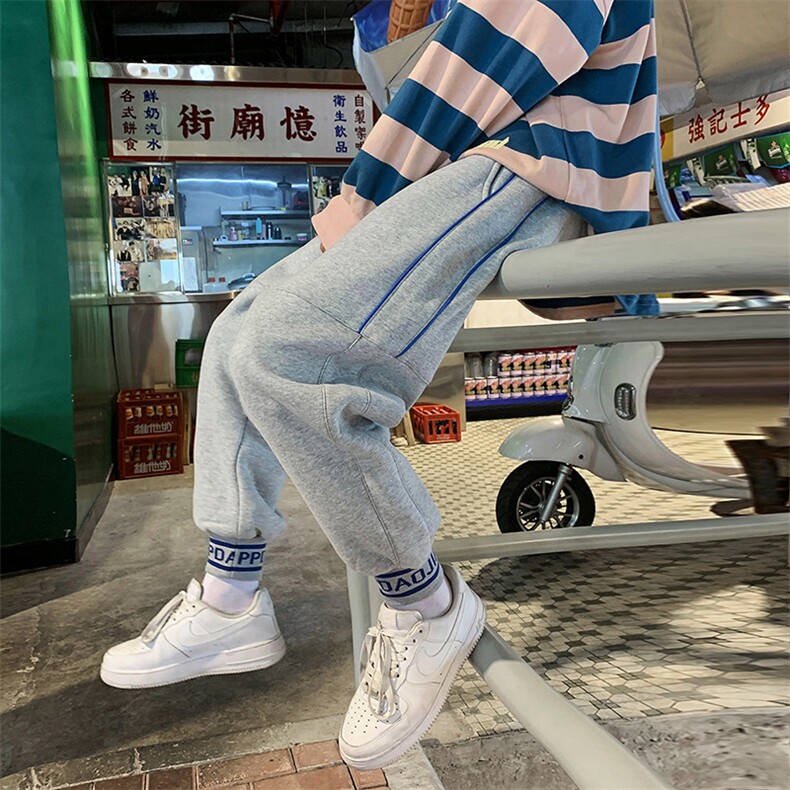 2021夏季运动新街拍港风束脚大码卫裤男潮条纹学生休闲裤K66-P45,男装休闲裤,电商A001