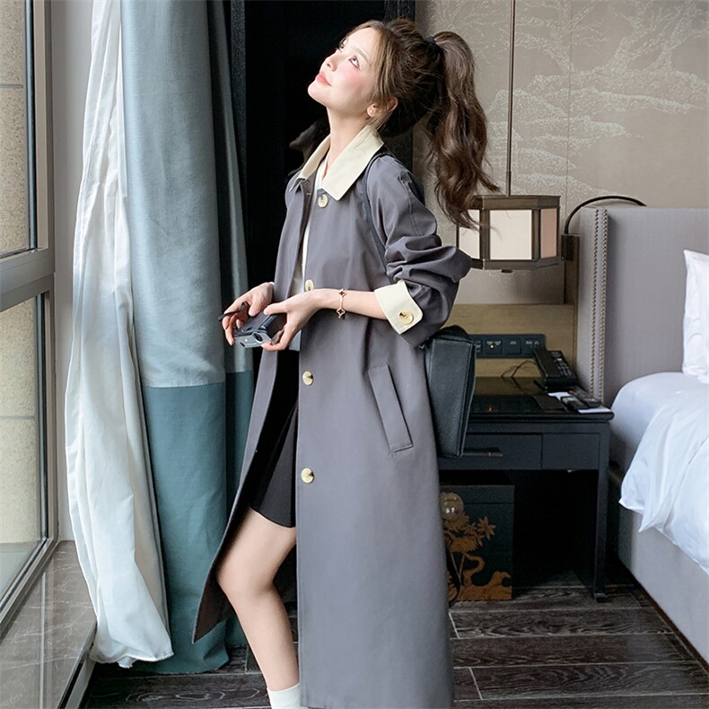 灰色撞色翻领风衣外套女2025春季新款韩系高级感气质时尚休闲大衣,女装风衣,浙宝276（原081）