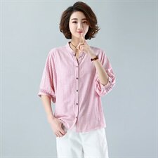 红白色竖条纹短袖百搭印花夏季衬衫设计感小众新女显瘦褶皱袖上衣，女装T恤，鑫鑫格