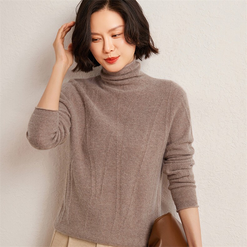 秋冬季35%羊绒65%羊毛休闲百搭12针反针纹理堆堆领羊绒衫,女装羊绒衫,广悦羊绒