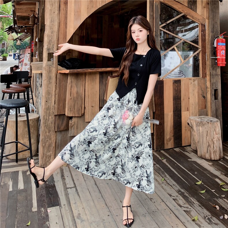 气质水墨印花套装女夏装不规则方领T恤短袖半身裙子两件套潮,女装套装/套裙,艾米莉亚