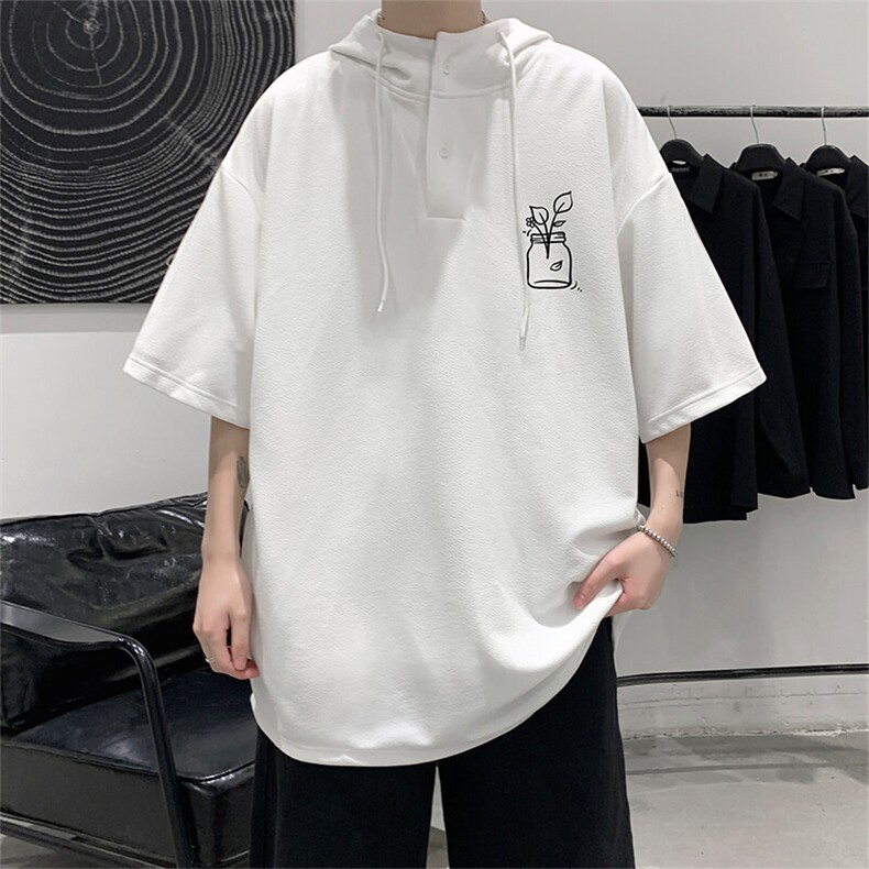 LD5430-P45 连帽短袖t恤男大码胖子带帽五分袖中袖图片