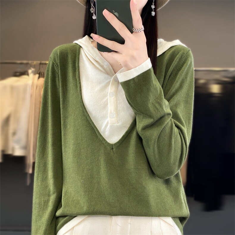 秋冬季新款毛衣女宽松显瘦时尚百搭假两件帽衫上衣,针织衫/毛衣,贵皇网供仓