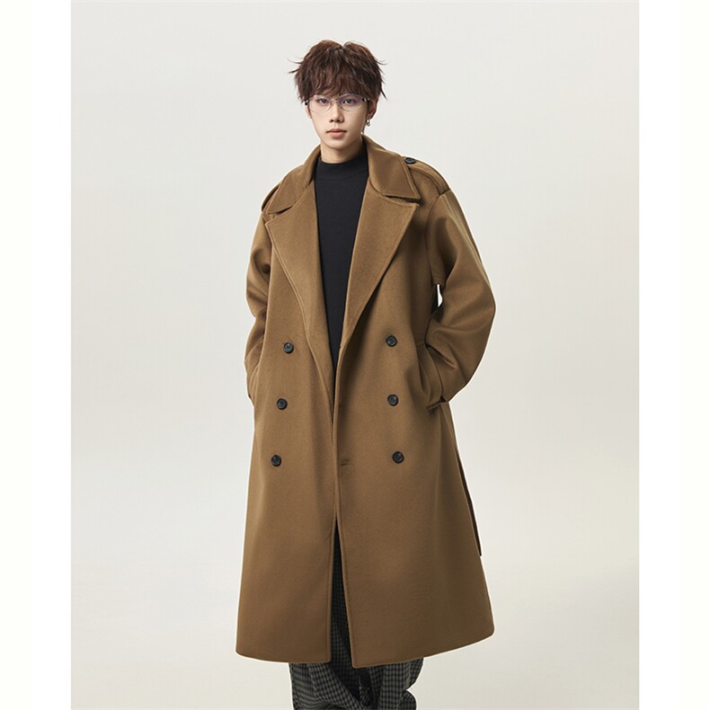 抖音男生中长款毛呢大衣过膝风衣双排扣-620-P128，男装风衣，电商B289-1