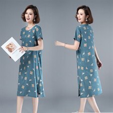 2021年夏季通勤韩版短袖连衣裙A字裙妈妈装旗袍开叉圆领印花裙子，女装连衣裙，伊满意