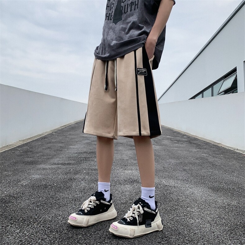 XZ213-DK007-P45控58港风大码麂皮绒绣标条纹运动休闲裤五分裤,男装牛仔裤,星座213