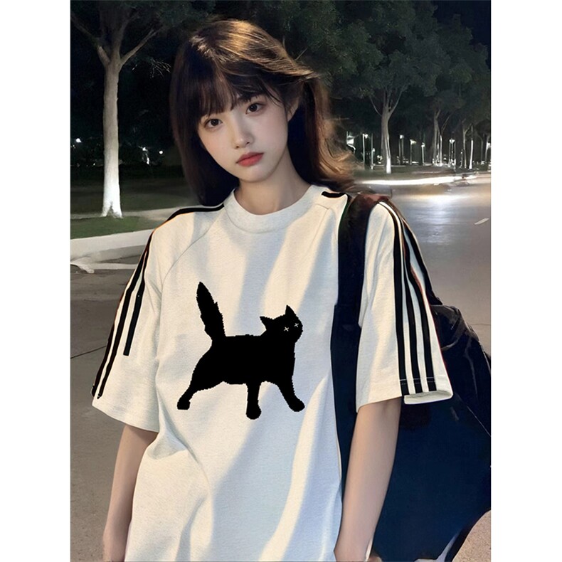 抖音得物高品质二开240克宽松纯棉美式潮牌三条杠织带短袖T恤图片