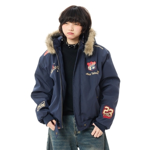 1506A/GF9220/P86冬季美式复古刺绣可拆卸毛领连帽棉衣图片