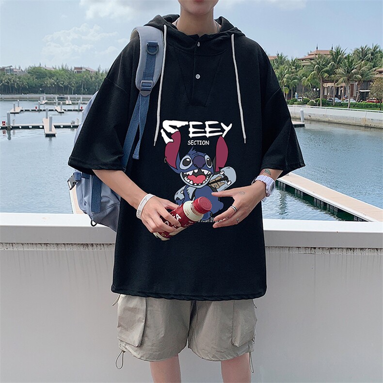 LD54038-P45 连帽短袖t恤男大码胖子带帽五分袖中袖图片