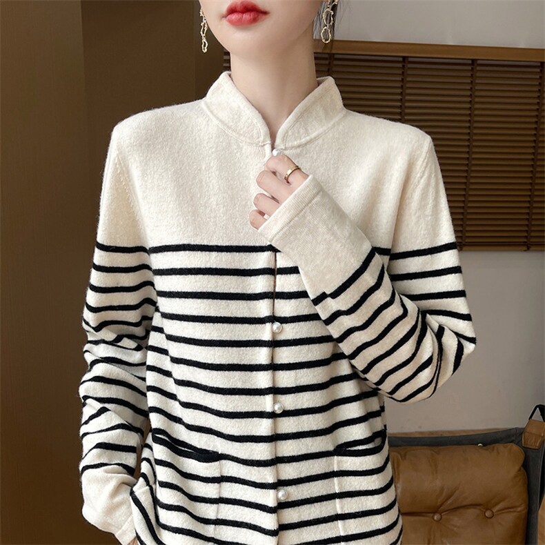 时尚气质条纹羊毛开衫优雅珍珠扣设计百搭显瘦外套，女装羊毛衫，狄美羊绒